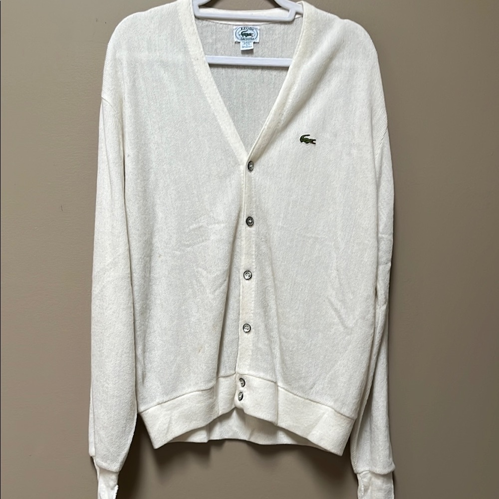 Vintage Izod Lacoste Cardigan Sweater Mens L White Button Up Orlon Acrylic USA
